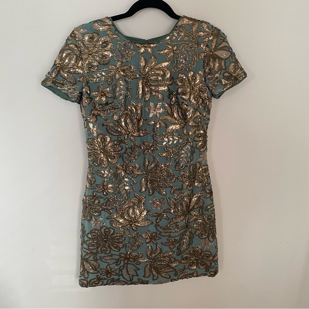 Dress the Population Green(ish) & Gold Floral Sequin Dress